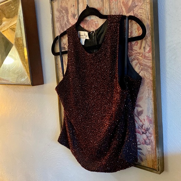 VINTAGE LAURENCE KAZAR DESIGNER SILK BEADED HIGH NECK TOP SLEEVELESS BLOUSE XL - Picture 10 of 15